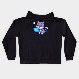 Cute Cat Working On Laptop Cartoon Kids Hoodie